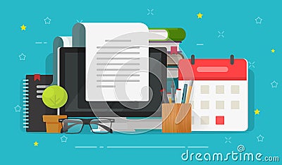 Writing content or essay on computer or reading article vector illustration, flat cartoon working desk and books, letter Vector Illustration