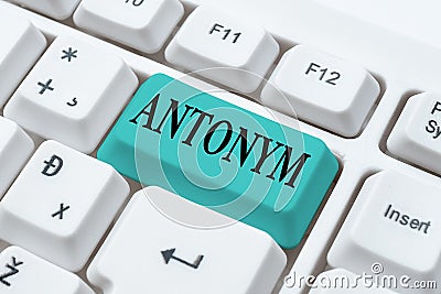Writing displaying text Antonym. Word for word or phrase whose meaning is the opposite of another word Typing Stock Photo