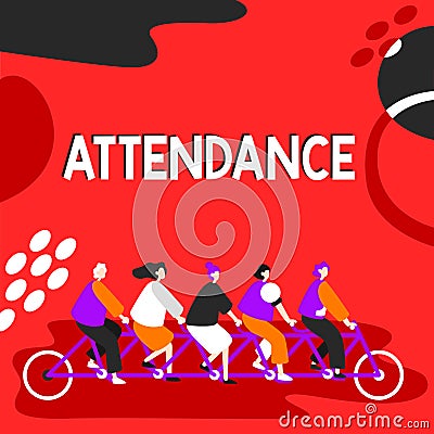 Writing displaying text Attendance. Business overview Going regularly Being present at place or event Number of people Stock Photo
