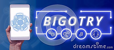 Writing displaying text Bigotry. Business showcase obstinate or intolerant devotion to one's own opinions and Stock Photo