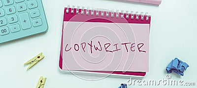 Hand writing sign Copywriter. Word Written on writing the text of advertisements or publicity material Stock Photo