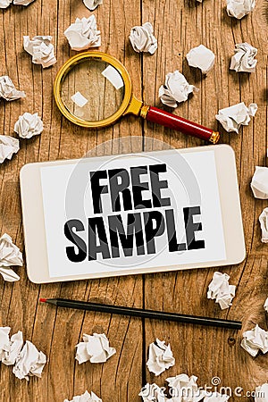 Writing displaying text Free Sample. Business approach portion of products given to consumers in shopping malls Stock Photo