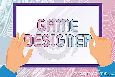 Writing displaying text Game Designer. Business showcase Campaigner Pixel Scripting Programmers Consoles 3D Graphics Stock Photo