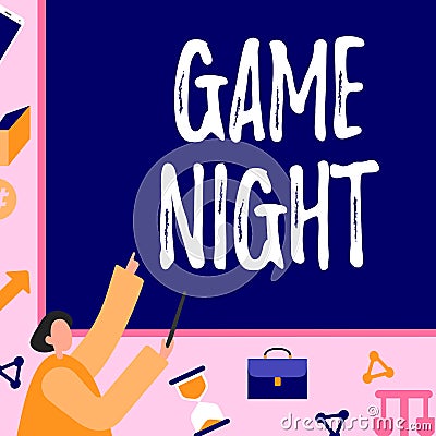 Writing displaying text Game Night. Business approach event in which folks get together for the purpose of getting laid Stock Photo