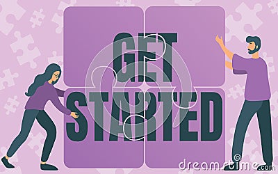 Text sign showing Get Started. Business concept to begin accomplishing or working on the tasks to finish it Colleagues Stock Photo