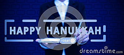 Writing displaying text Happy Hanukkah. Conceptual photo Jewish festival celebrated from the 25th of Kislev to the 2nd Stock Photo