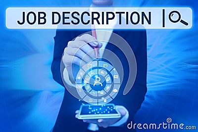 Writing displaying text Job Description. Concept meaning A document that describes the responsibilities of a position Stock Photo