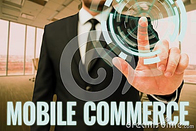 Writing displaying text Mobile Commerce. Word Written on Using mobile phone to conduct commercial transactions online Stock Photo