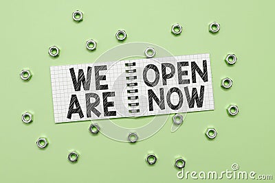Conceptual display We Are Open Now. Business idea no enclosing or confining barrier, accessible on all sides Stock Photo