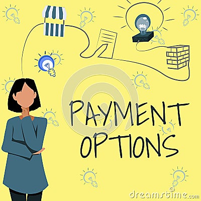 Writing displaying text Payment Options. Word for The way of chosen to compensate the seller of a service Woman Stock Photo
