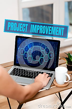 Writing displaying text Project Improvement. Business idea Methods Techniques to accomplish a defined Objective Hand Stock Photo