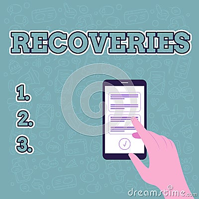 Writing displaying text Recoveries. Business overview process of regaining possession or control of something lost Stock Photo