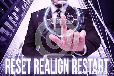 Writing displaying text Reset Realign Restart. Word for Life audit will help you put things in perspectives Hands Stock Photo