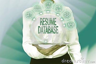 Writing displaying text Resume Database. Business concept database of candidates that you can search by skillset Lady Stock Photo