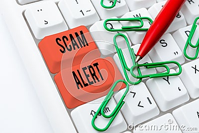 Writing displaying text Scam Alert. Business overview warning someone about scheme or fraud notice any unusual Stock Photo