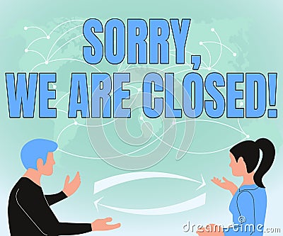Writing displaying text Sorry, We Are Closed. Concept meaning apologize for shutting off business for specific time Two Stock Photo