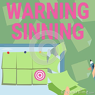 Writing displaying text Warning Sinning. Business approach Warning Sinning Backdrop Presenting Sticky Notes Hands Stock Photo