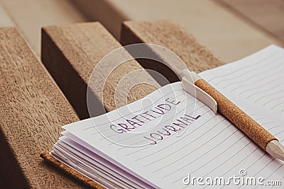 Writing Gratitude Journal on wooden bench. Today I am grateful for. Self discovery journal, self reflection creative Stock Photo