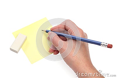 Writing hand with a blue pencil Stock Photo