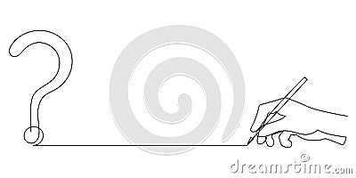 Writing hand with question mark,one line art,hand drawn asking sign continuous contour.Query FAQ concept,finding answer.Palm with Vector Illustration