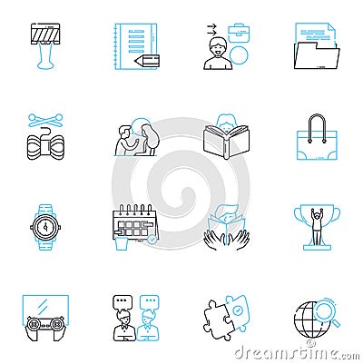 Writing instruments linear icons set. Pen, Pencil, Marker, Highlighter, Quill, Brush, Chalk line vector and concept Vector Illustration