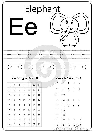 Writing letter E. Worksheet. Writing A-Z, alphabet, exercises game for kids. Vector Illustration