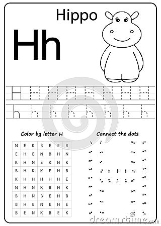 Writing letter H. Worksheet. Writing A-Z, alphabet, exercises game for kids. Vector Illustration