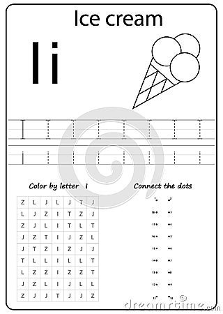 Writing letter I. Worksheet. Writing A-Z, alphabet, exercises game for kids. Vector Illustration