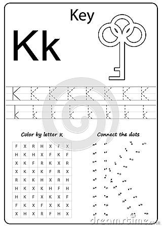 Writing letter K. Worksheet. Writing A-Z, alphabet, exercises game for kids. Vector Illustration