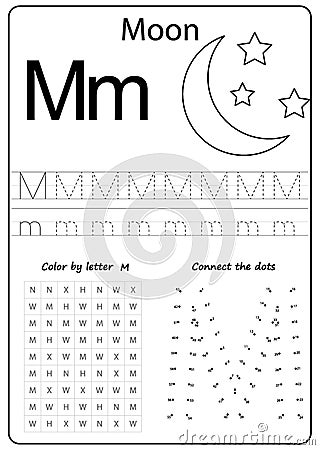 Writing letter M. Worksheet. Writing A-Z, alphabet, exercises game for kids. Vector Illustration