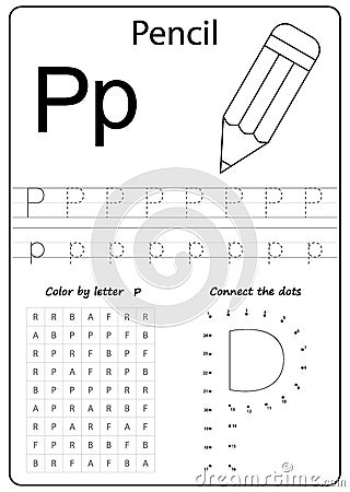 Writing letter P. Worksheet. Writing A-Z, alphabet, exercises game for kids. Vector Illustration