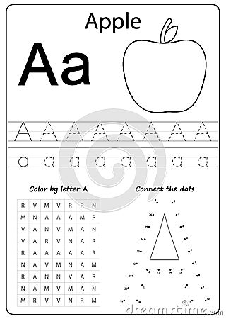 Writing letter A. Worksheet. Writing A-Z, alphabet, exercises game for kids. Vector Illustration