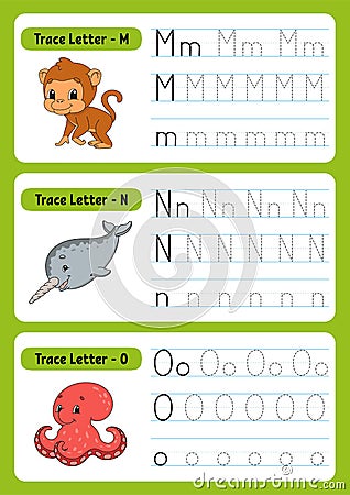 Writing letters. Tracing page. Practice sheet. Worksheet for kids. exercise for preschools. Learn alphabet. Cute characters. Vector Illustration