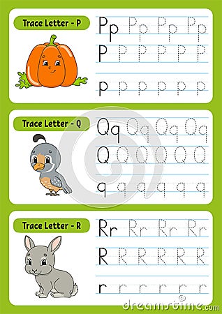 Writing letters. Tracing page. Practice sheet. Worksheet for kids. exercise for preschools. Learn alphabet. Cute characters. Vector Illustration