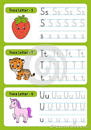 Writing letters. Tracing page. Practice sheet. Worksheet for kids. exercise for preschools. Learn alphabet. Cute characters. Vector Illustration