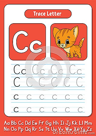 Writing letters. Tracing page. Practice sheet. Worksheet for kids. Learn alphabet. Cute character. Color vector illustration. Vector Illustration