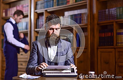 Writing and literature concept. Author types novel or poem. Stock Photo