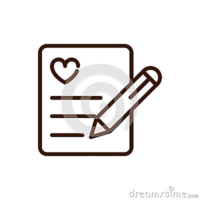 Writing note paper love heart romantic passion feeling related icon thick line Vector Illustration