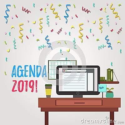 Writing note showing Agenda 2019. Business photo showcasing list of items to be discussed at formal meeting or event Stock Photo