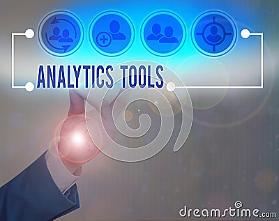 Writing note showing Analytics Tools. Business photo showcasing pieces of web application analysis software used to monitor Stock Photo