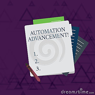 Writing note showing Automation Advancement. Business photo showcasing application of machines tasks once performed Stock Photo