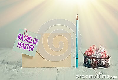 Writing note showing Bachelor Master. Business photo showcasing An advanced degree completed after bachelor s is degree Envelope Stock Photo