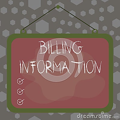 Writing note showing Billing Information. Business photo showcasing address connected to a specific form of payment Stock Photo