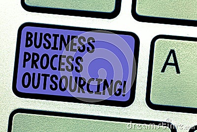 Writing note showing Business Process Outsourcing. Business photo showcasing Contracting work to external service Stock Photo