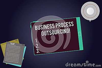 Writing note showing Business Process Outsourcing. Business photo showcasing Contracting work to external service Stock Photo