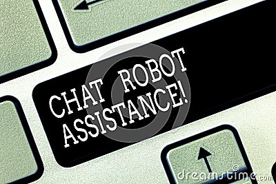 Writing note showing Chat Robot Assistance. Business photo showcasing answers customer services questions and provides Stock Photo