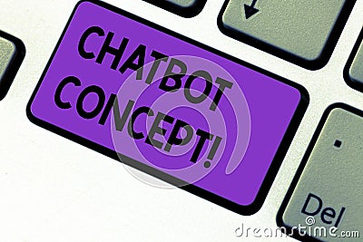 Writing note showing Chatbot Concept. Business photo showcasing Virtual assistant artificial intelligence online help Keyboard key Stock Photo