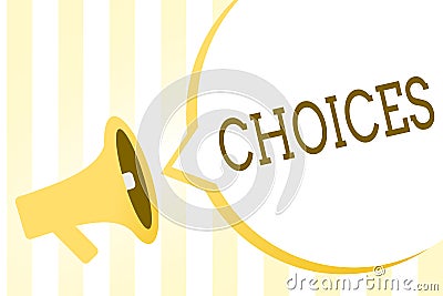 Writing note showing Choices. Business photo showcasing Options Choosing between two or more possibilities Decisions Stock Photo