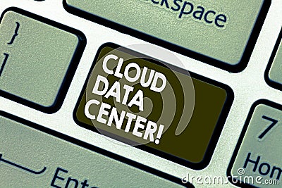 Writing note showing Cloud Data Center. Business photo showcasing off premise form computing that stores data on Stock Photo