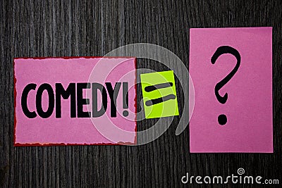 Writing note showing Comedy Call. Business photo showcasing Fun Humor Satire Sitcom Hilarity Joking Entertainment Laughing Pink n Stock Photo